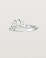 Fit two of a white diamond, sun-beam inspired crown ring crafted in white gold