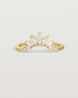 Size four of a sun-bream inspired white diamond crown ring, crafted in yellow gold