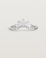 Size four of a sun-bream inspired white diamond crown ring, crafted in white gold