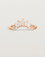 Size four of a sun-bream inspired white diamond crown ring, crafted in rose gold