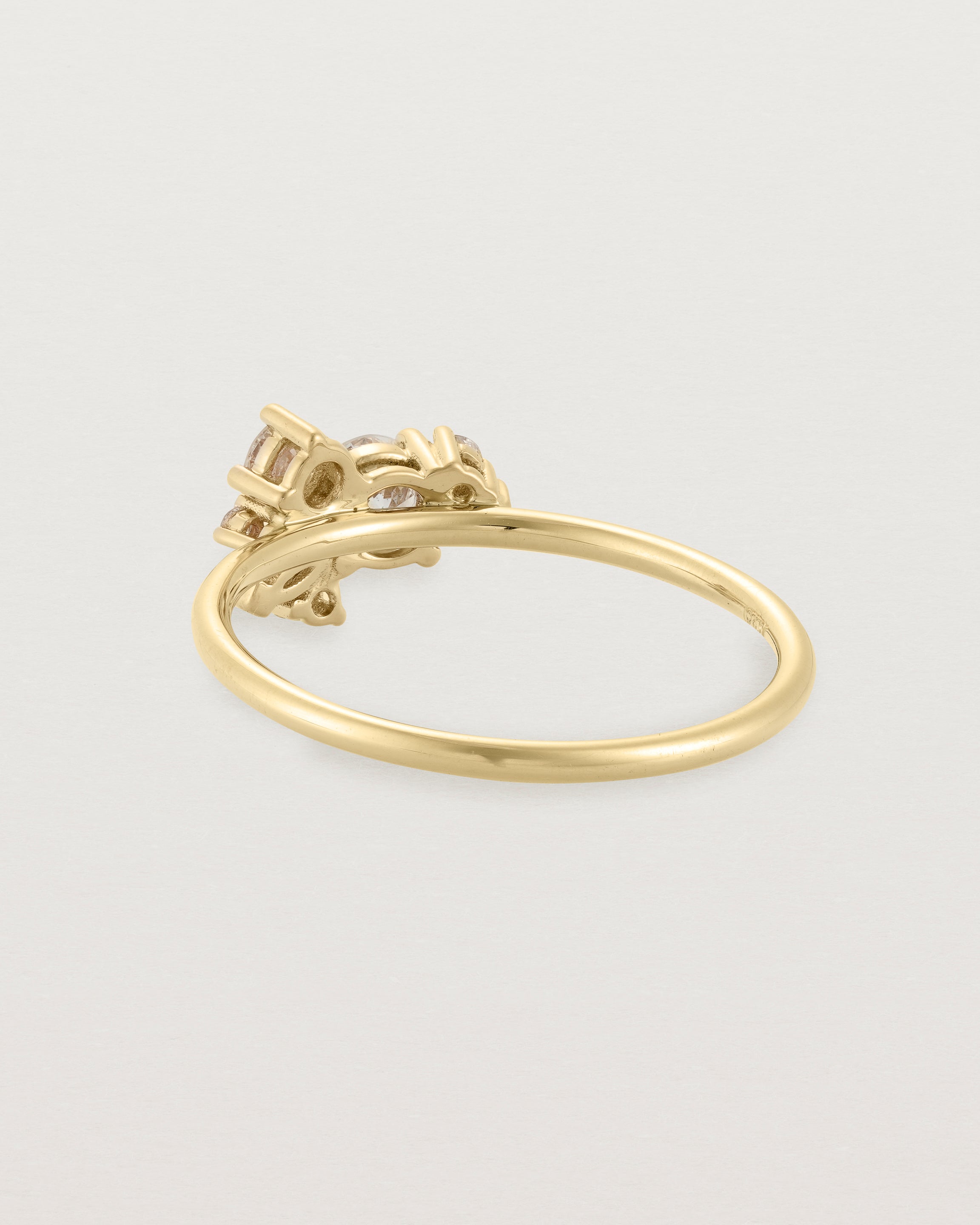 Back view of a white diamond cluster ring in yellow gold