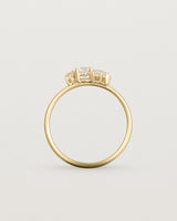 Standing view of a white diamond cluster ring in yellow gold
