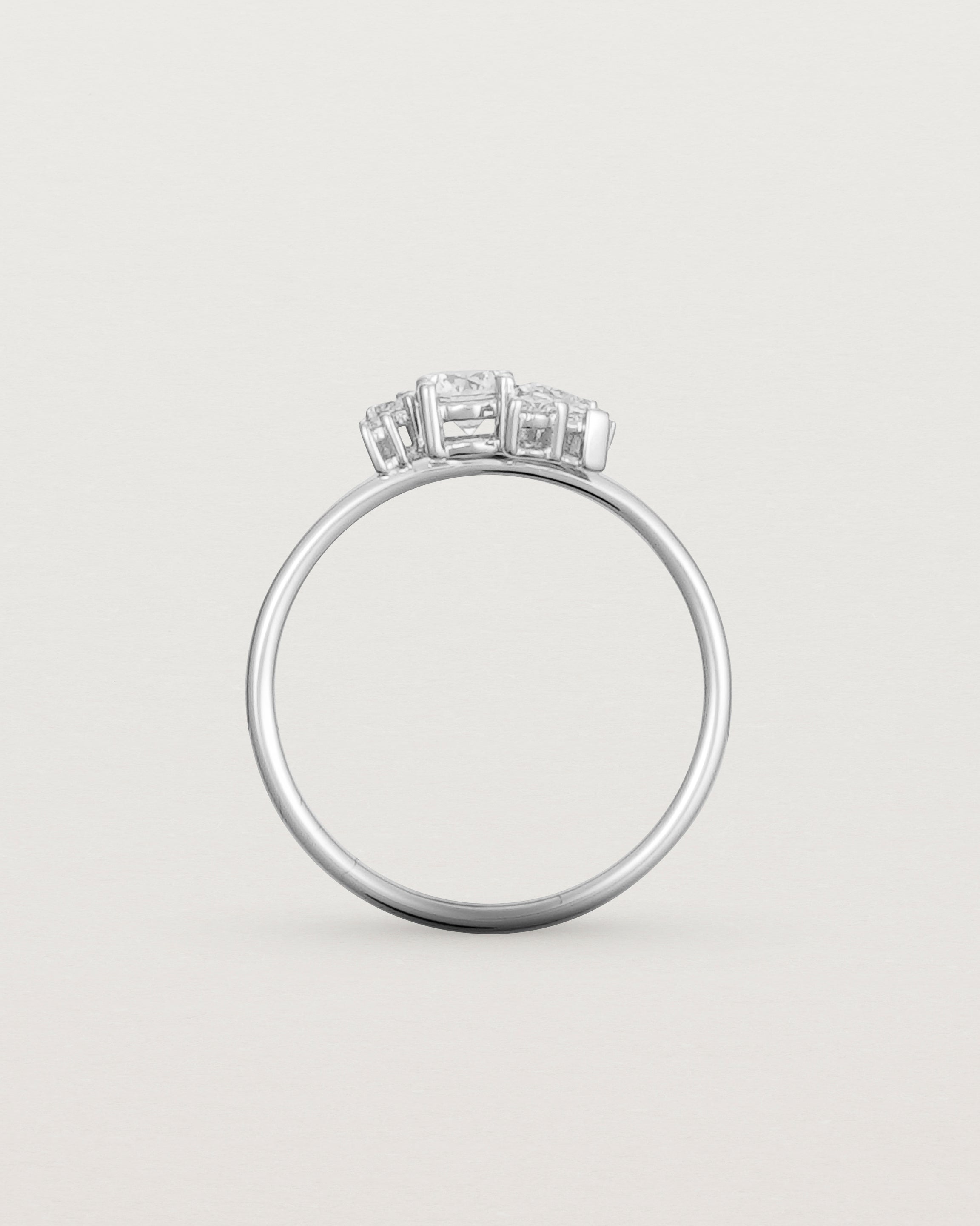 Standing view of a white diamond cluster ring in white gold