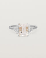 Front view of the Elodie Ring featuring a pale pink emerald cut morganite in white gold