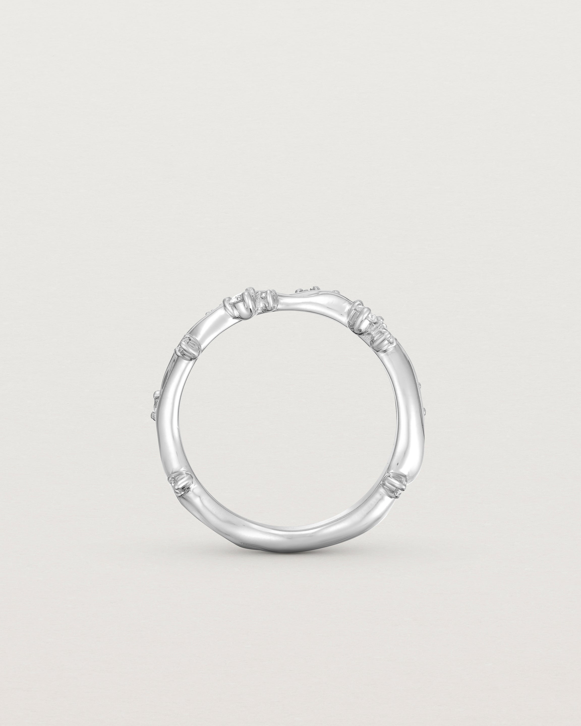 Standing image - Product photo of the white gold Ember ring with white diamonds scattered around the band.