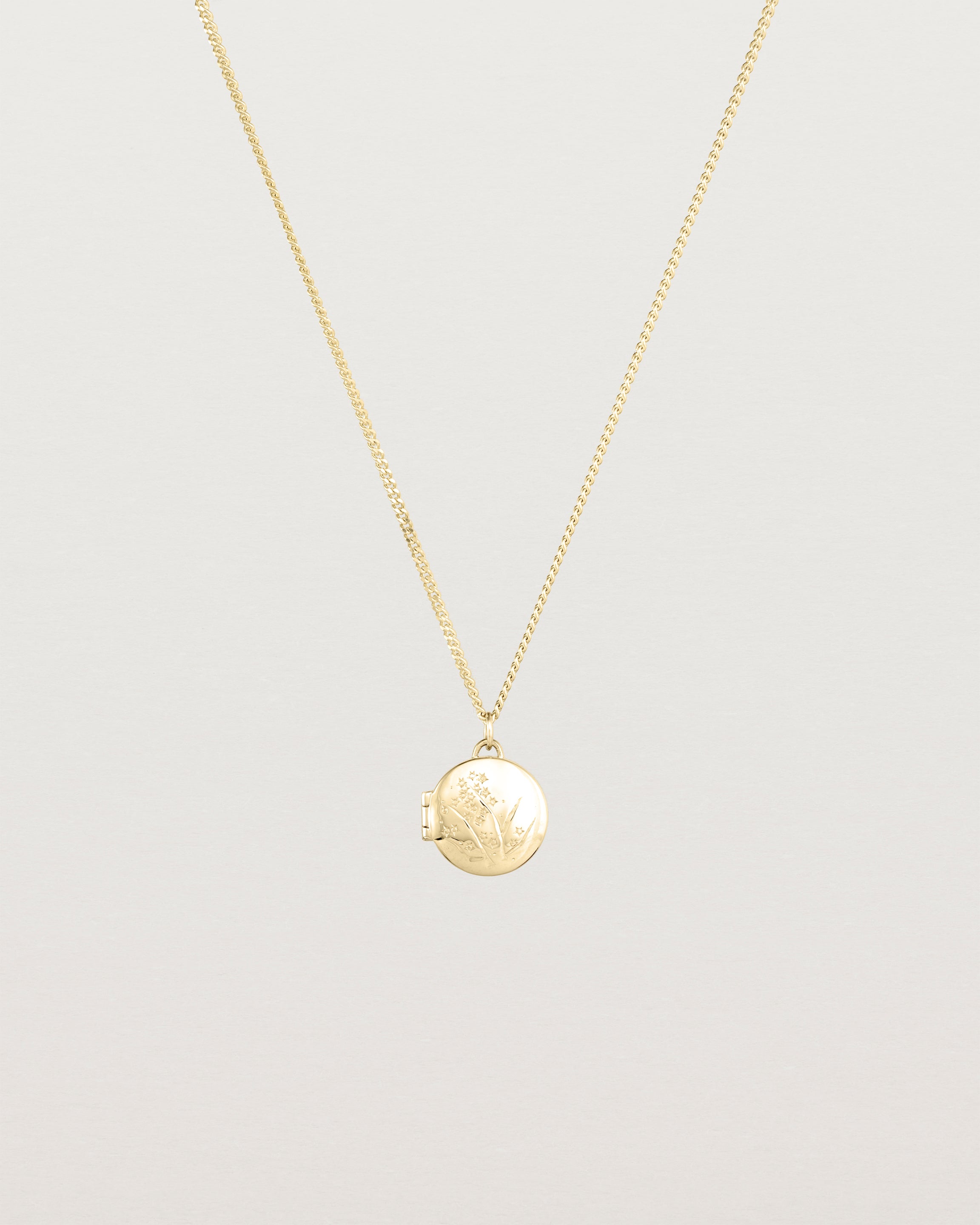 Front view of the Golden Wattle Locket in yellow gold.