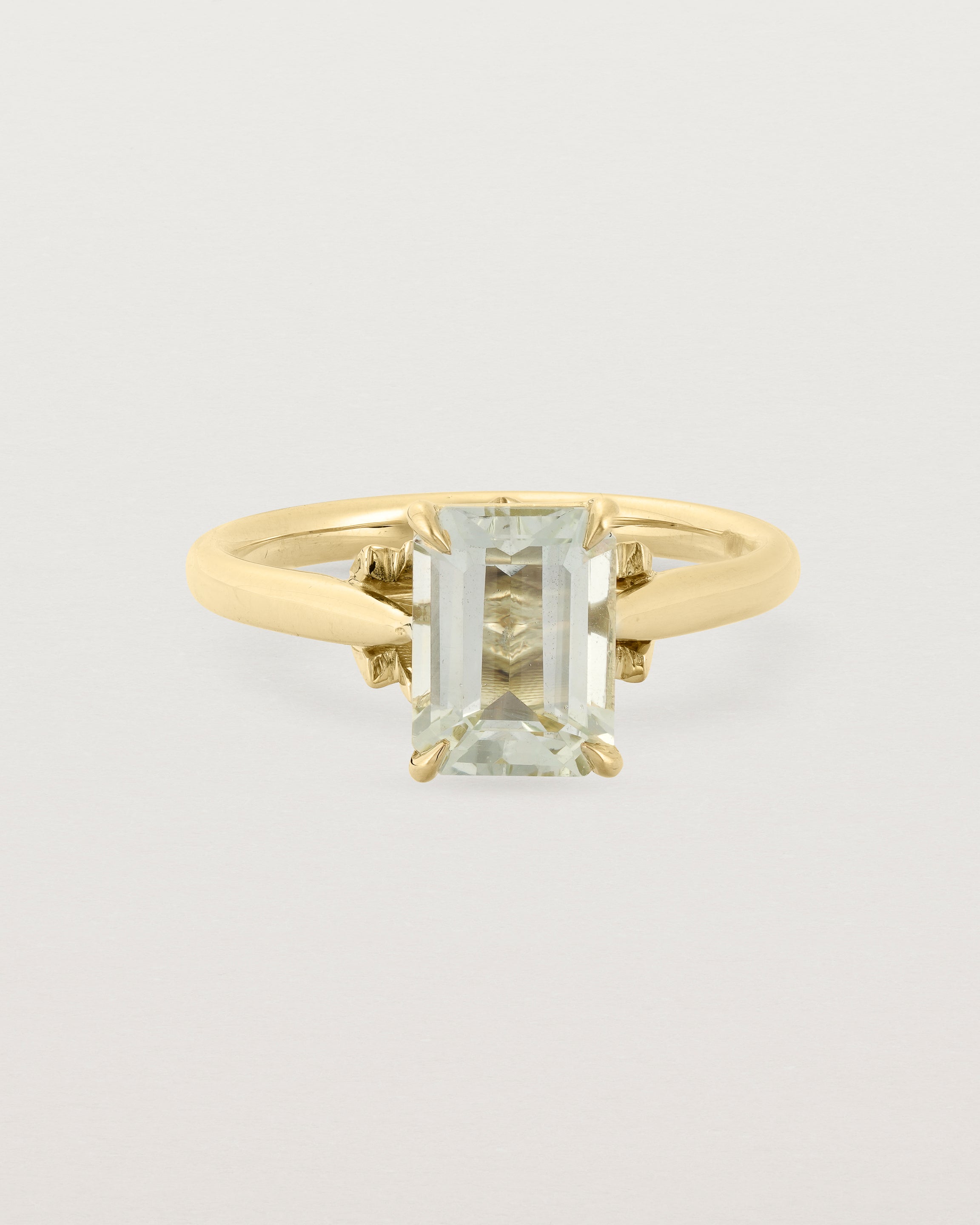 Front view of the Front view of the Kalina Emerald Solitaire | Green Amethyst | Yellow Gold.