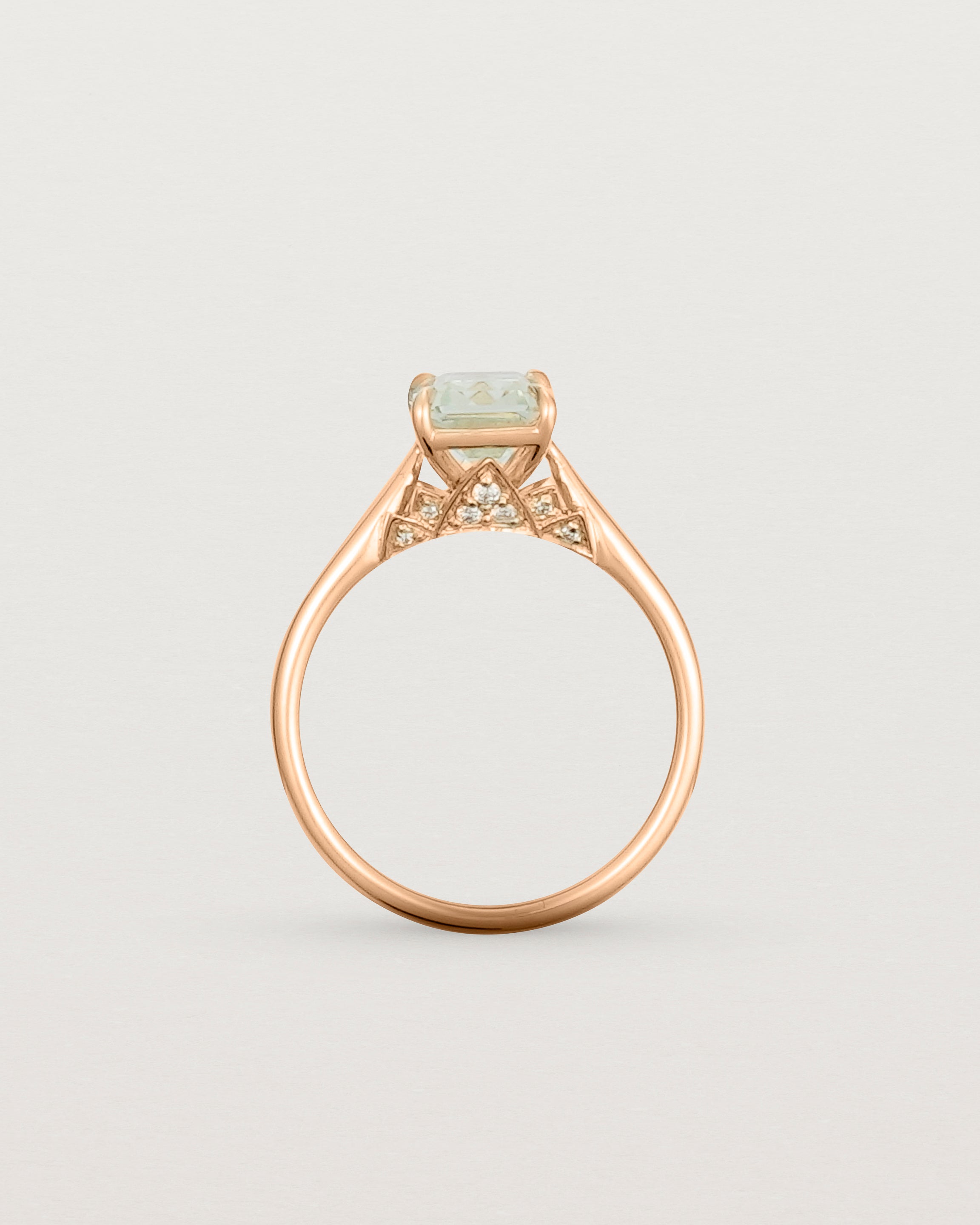 Standing view of the Kalina Emerald Solitaire | Green Amethyst | Rose Gold.