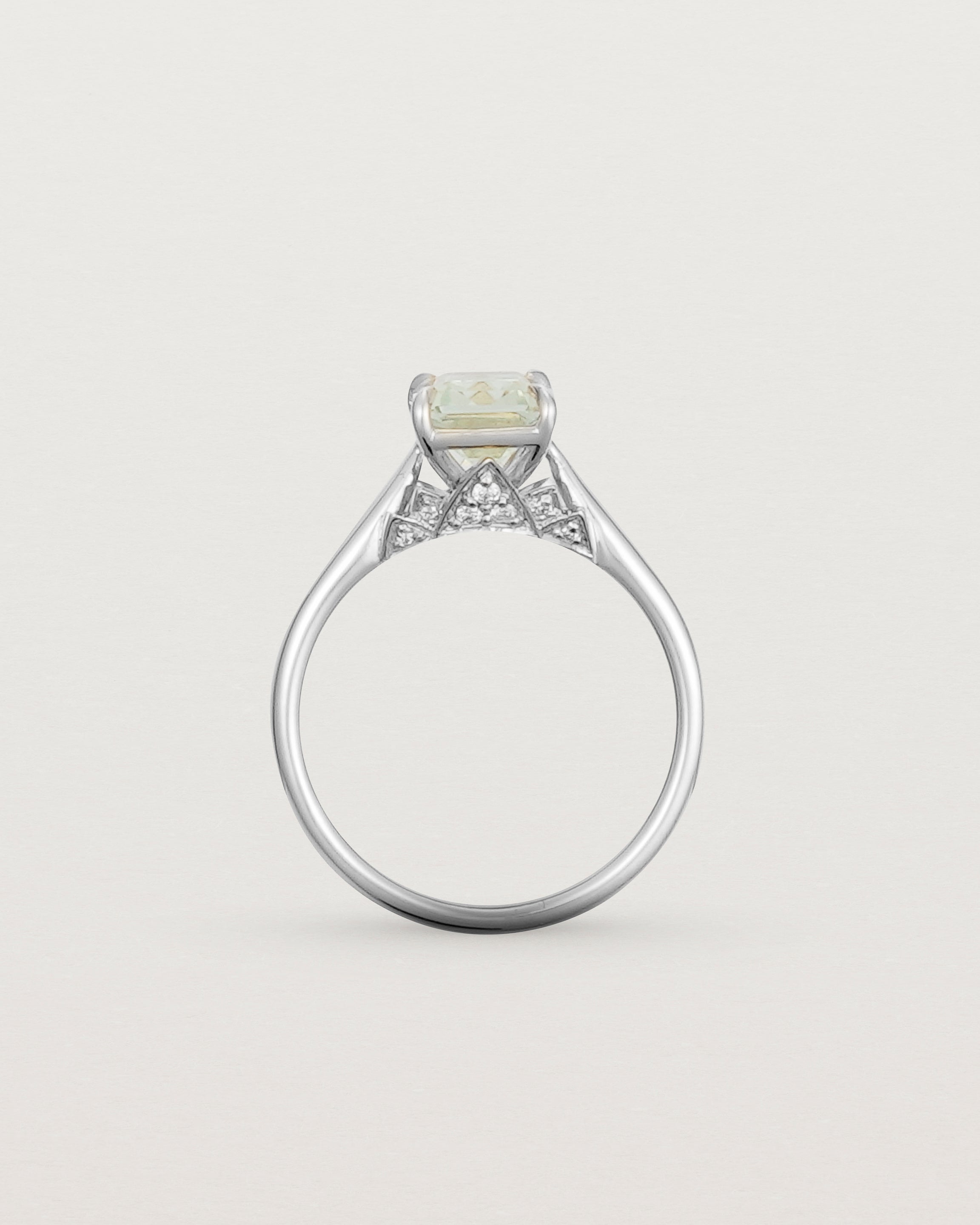 Standing view of the Front view of the Kalina Emerald Solitaire | Green Amethyst | White Gold.