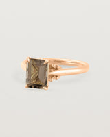 Angled view of the Kalina Emerald Solitaire | Smokey Quartz | Rose Gold.
