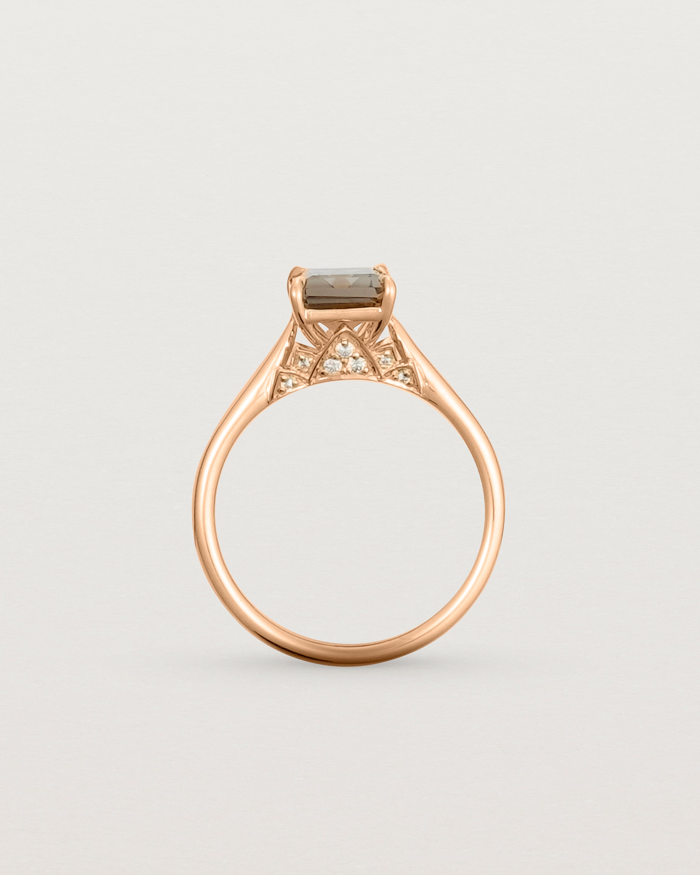 Standing view of the Kalina Emerald Solitaire | Smokey Quartz | Rose Gold.