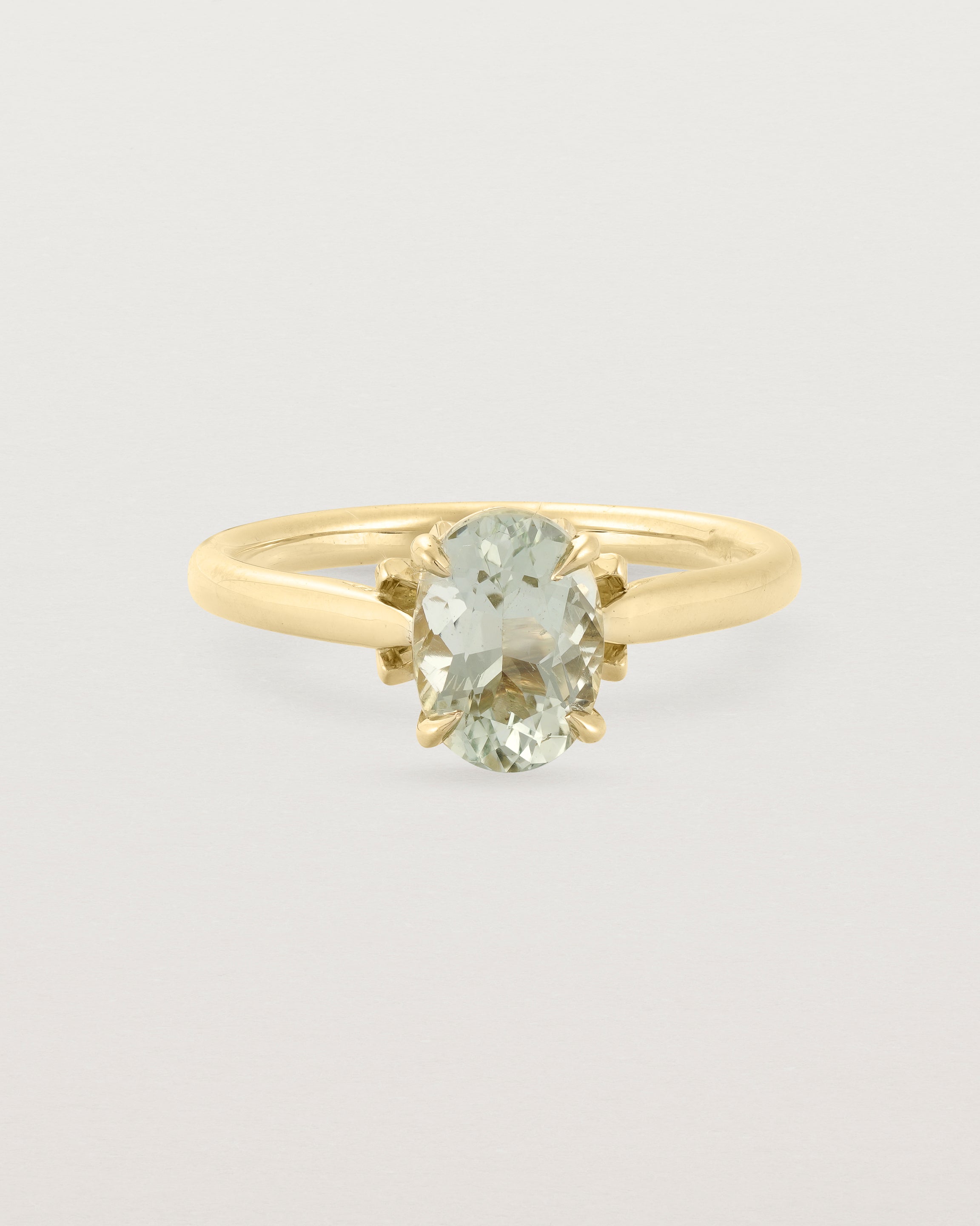 Front view of the Kalina Oval Solitaire | Green Amethyst | Yellow Gold.