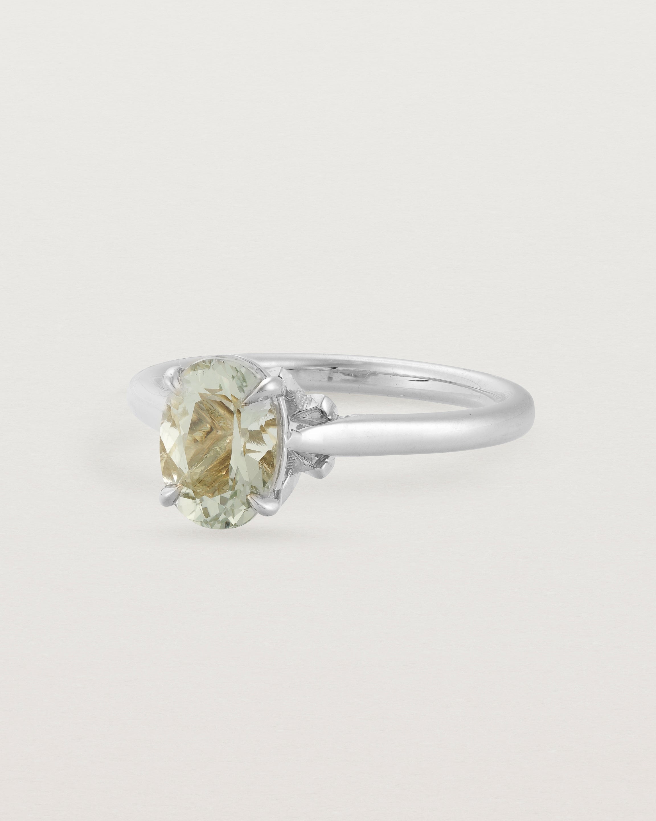 Angled view of the Kalina Oval Solitaire | Green Amethyst | White Gold.