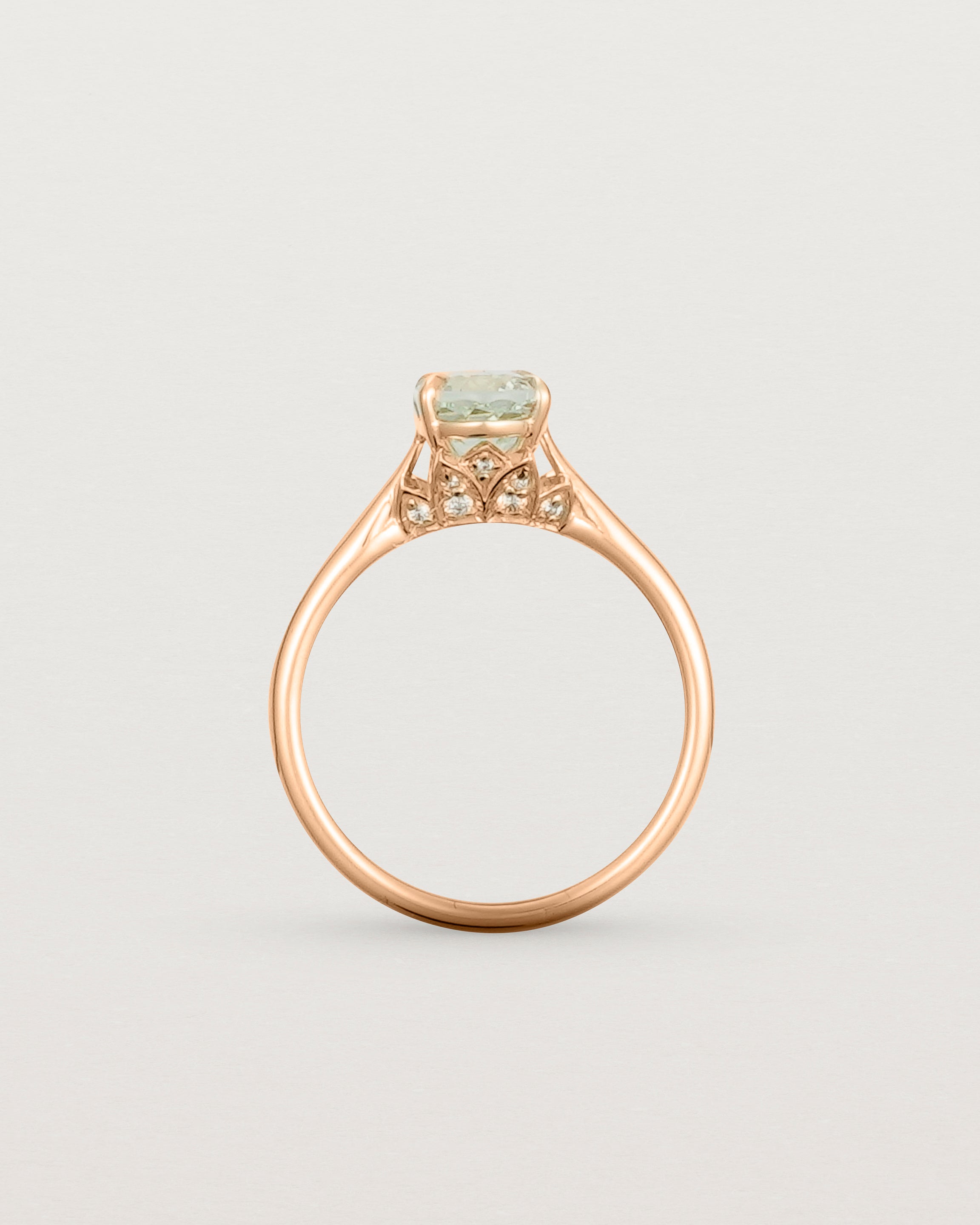 Standing view of the Kalina Oval Solitaire | Green Amethyst | Rose Gold.