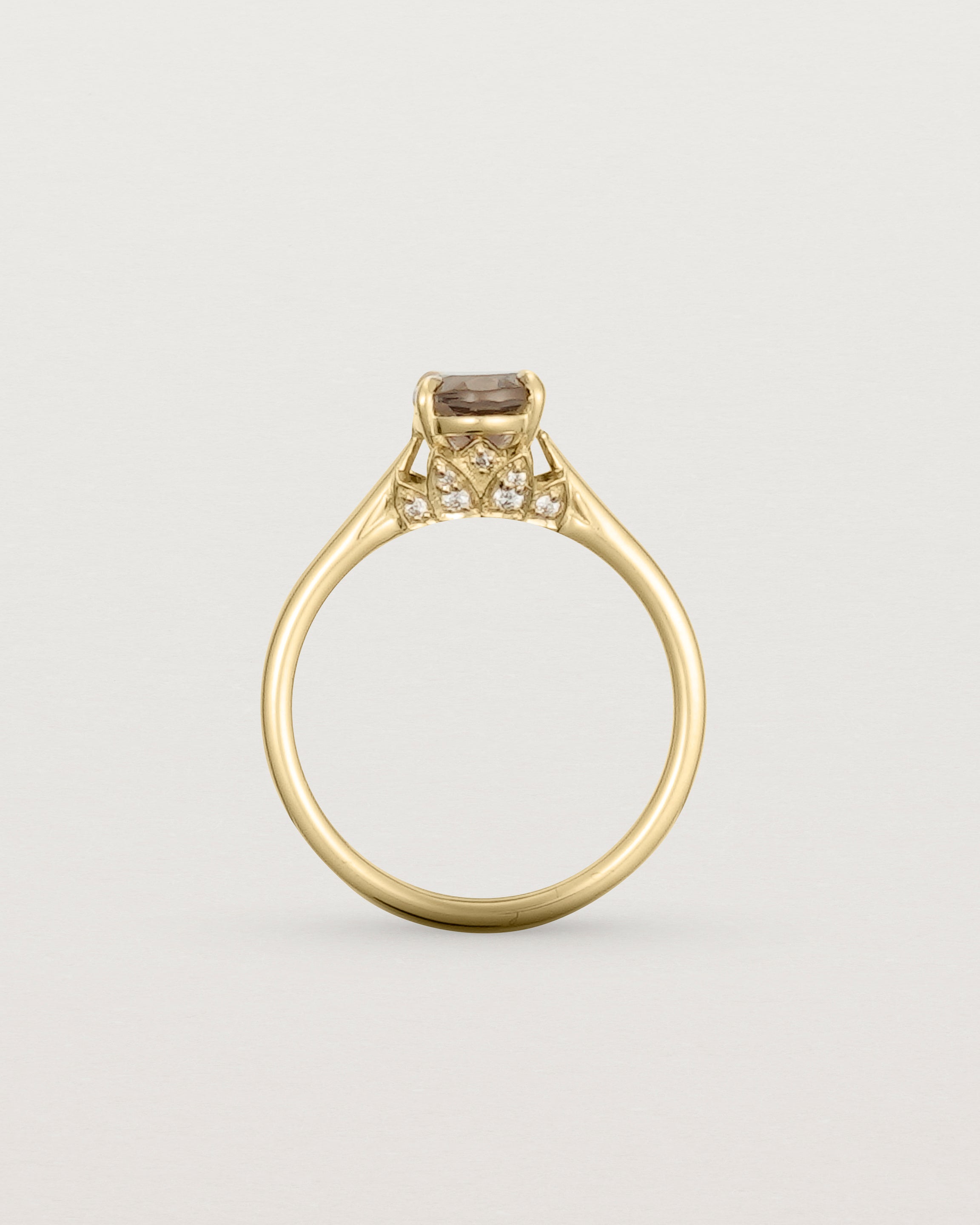 Standing view of the Kalina Oval Solitaire | Smokey Quartz | Yellow Gold.
