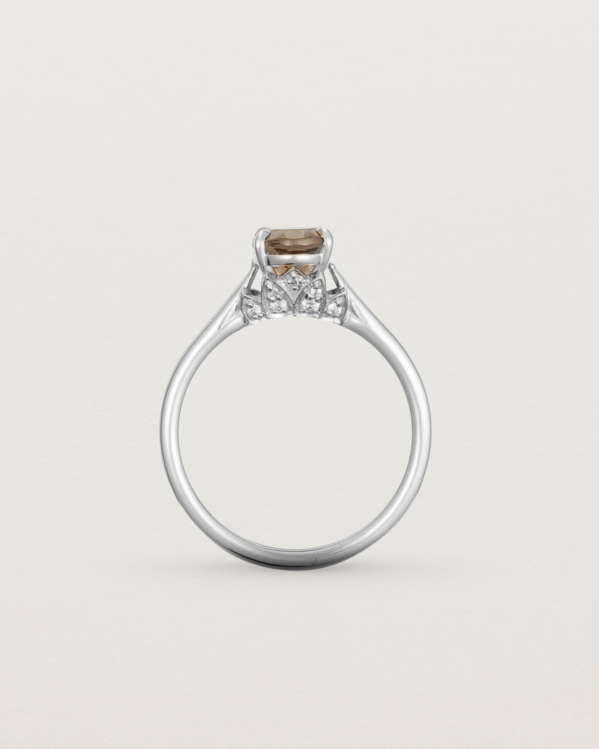 Standing view of the Kalina Oval Solitaire | Smokey Quartz | White Gold.