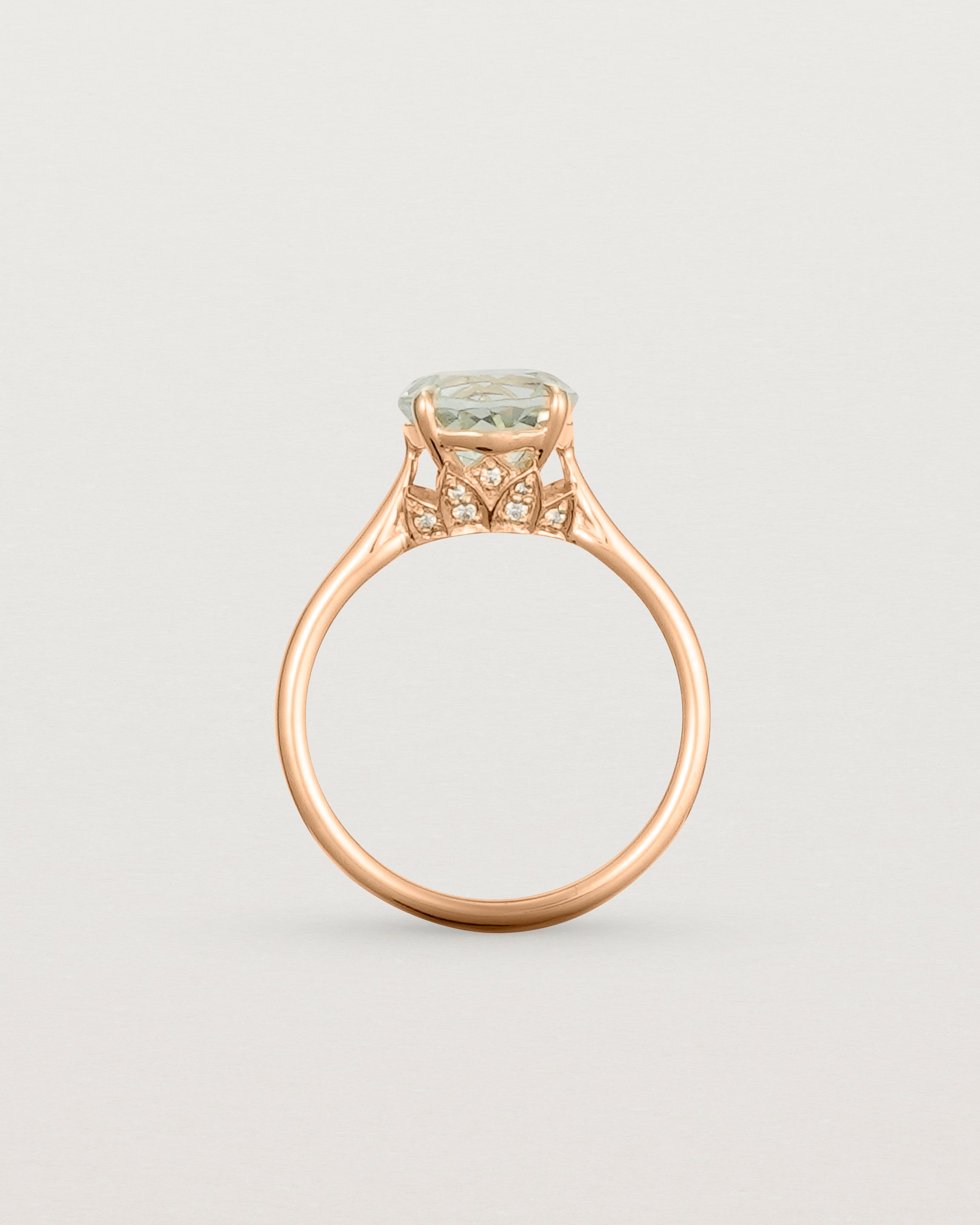 Standing view of the Kalina Round Solitaire | Green Amethyst | Rose Gold.
