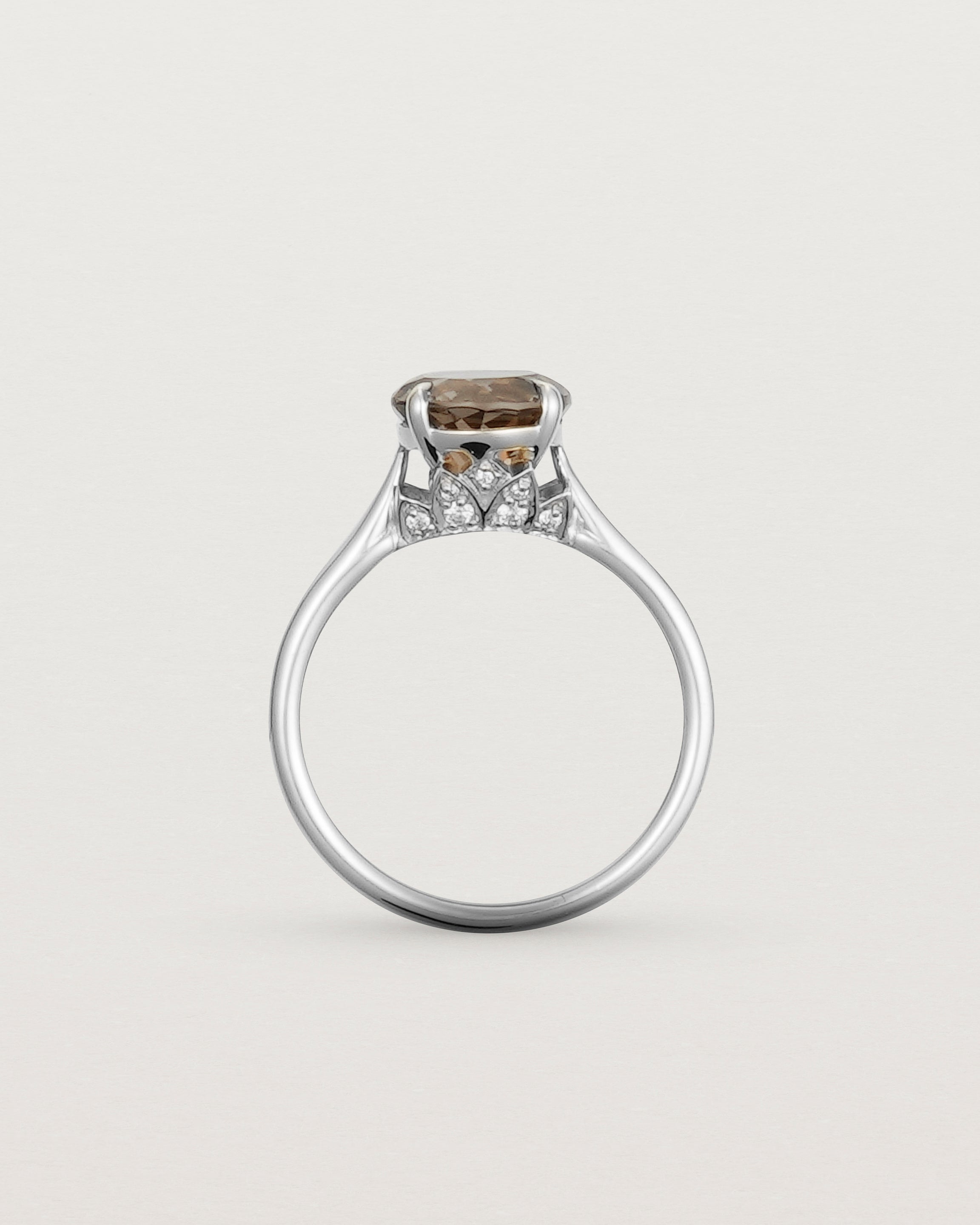 Standing view of the Kalina Round Solitaire | Smokey Quartz | White Gold