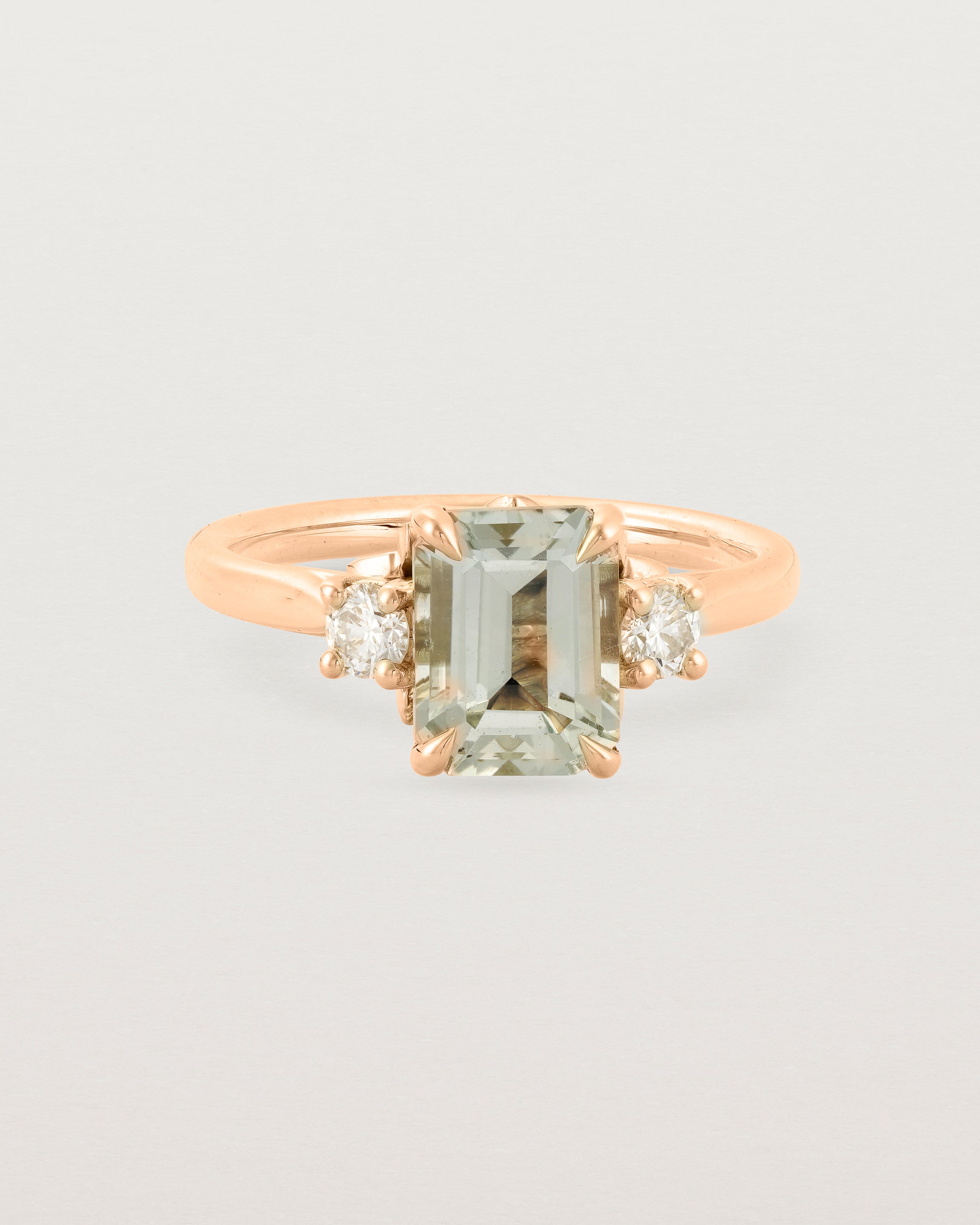 Front view of the Laurel Emerald Trio Ring | Green Amethyst | Rose Gold.