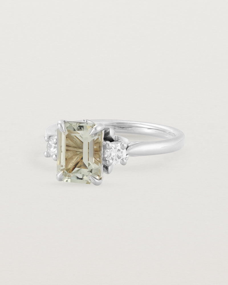 Angled view of the Laurel Emerald Trio Ring | Green Amethyst | Rose Gold.