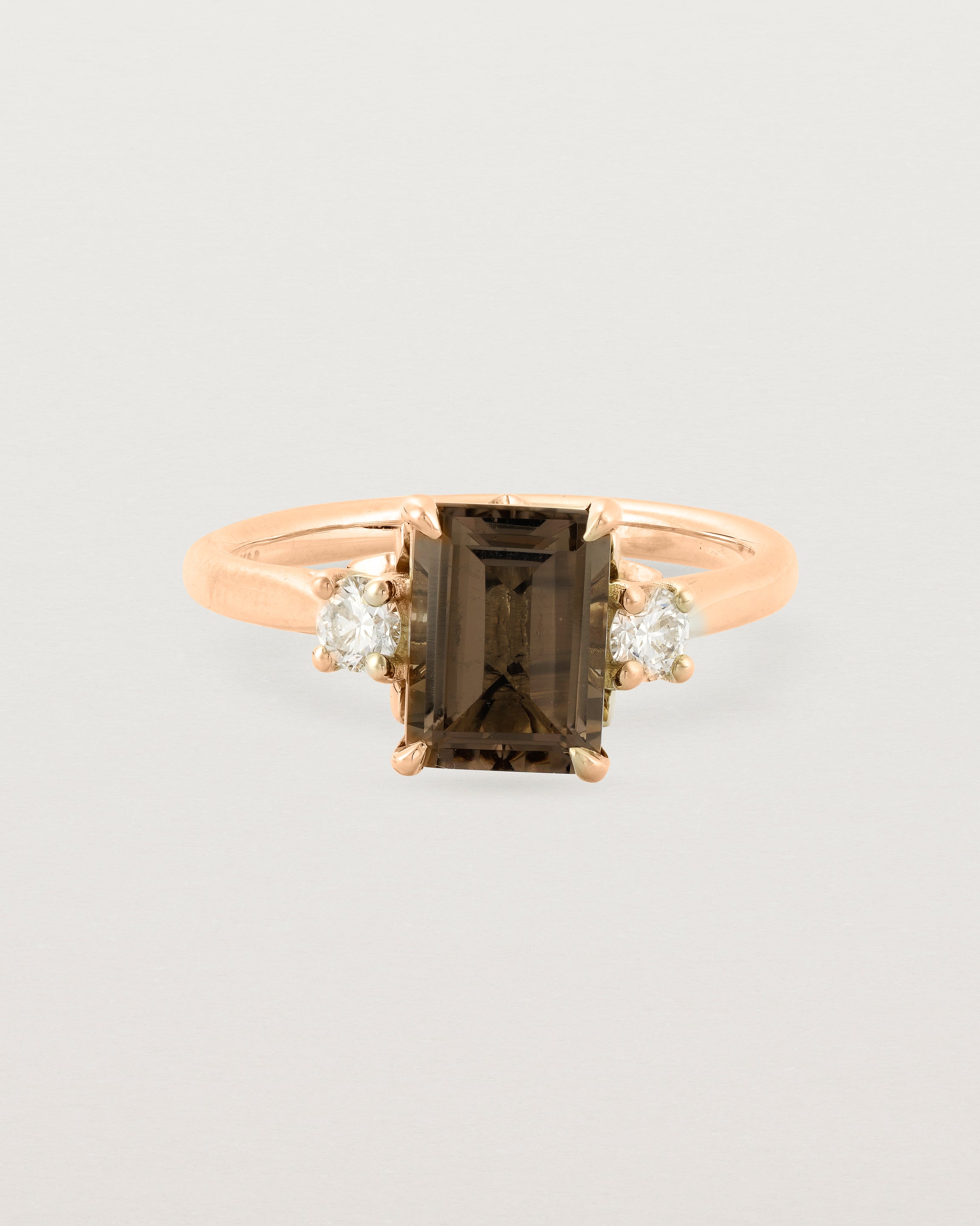 Front view of the Laurel Emerald Trio Ring | Smokey Quartz | Rose Gold.