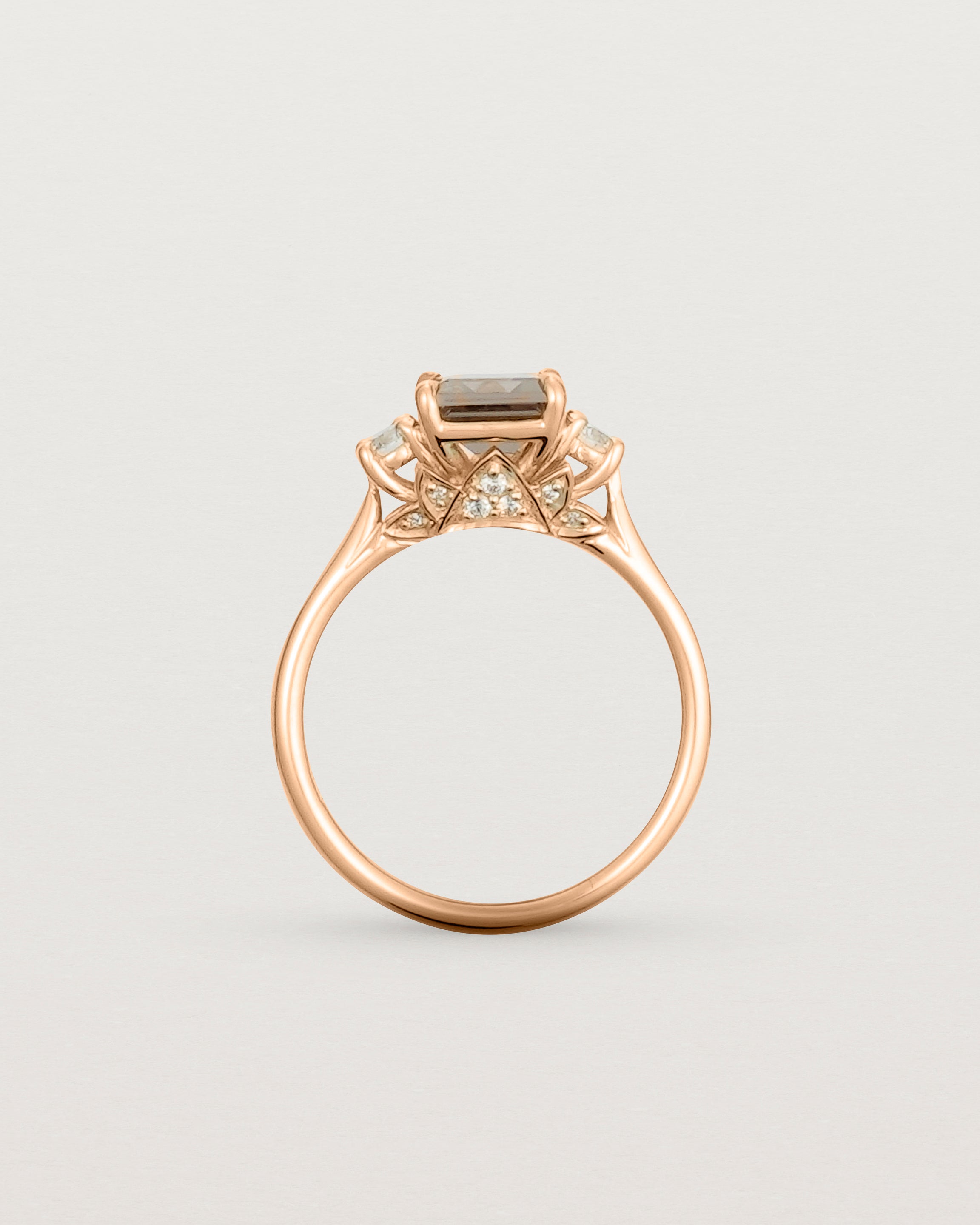 Standing view of the Laurel Emerald Trio Ring | Smokey Quartz | Rose Gold.