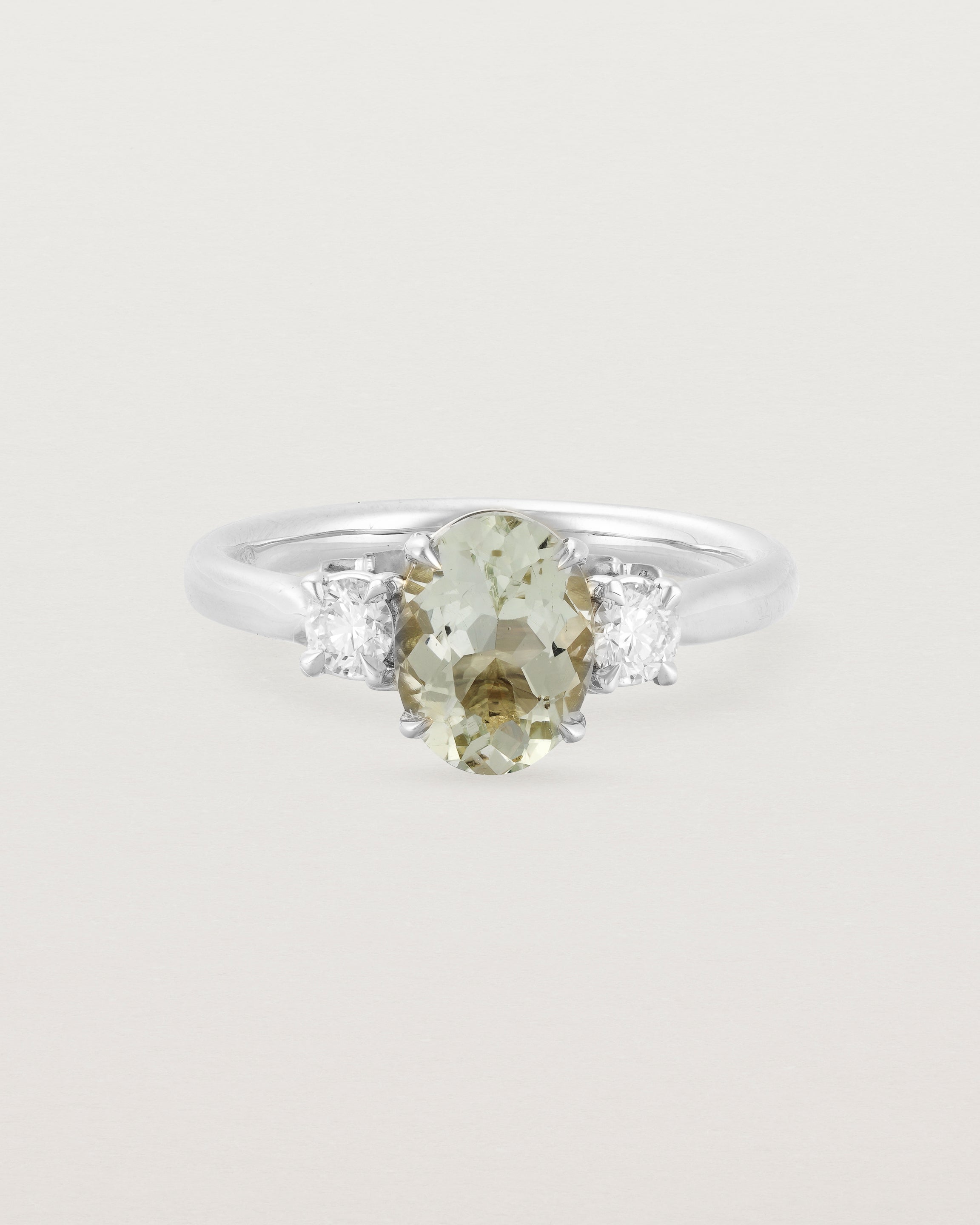 Front view of the Laurel Oval Trio Ring | Green Amethyst | White Gold.