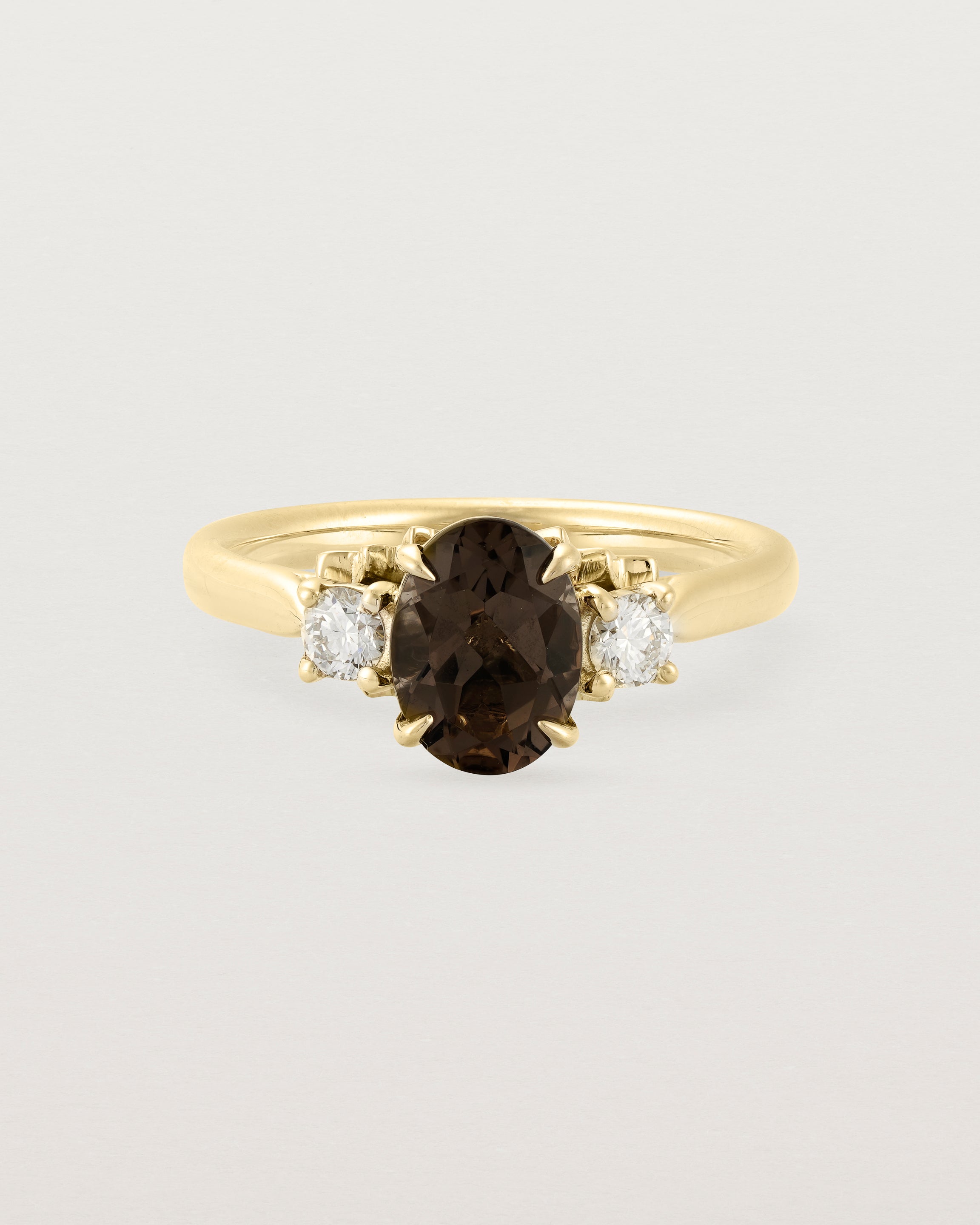 Front view of the Laurel Oval Trio Ring | Smokey Quartz | Yellow Gold.