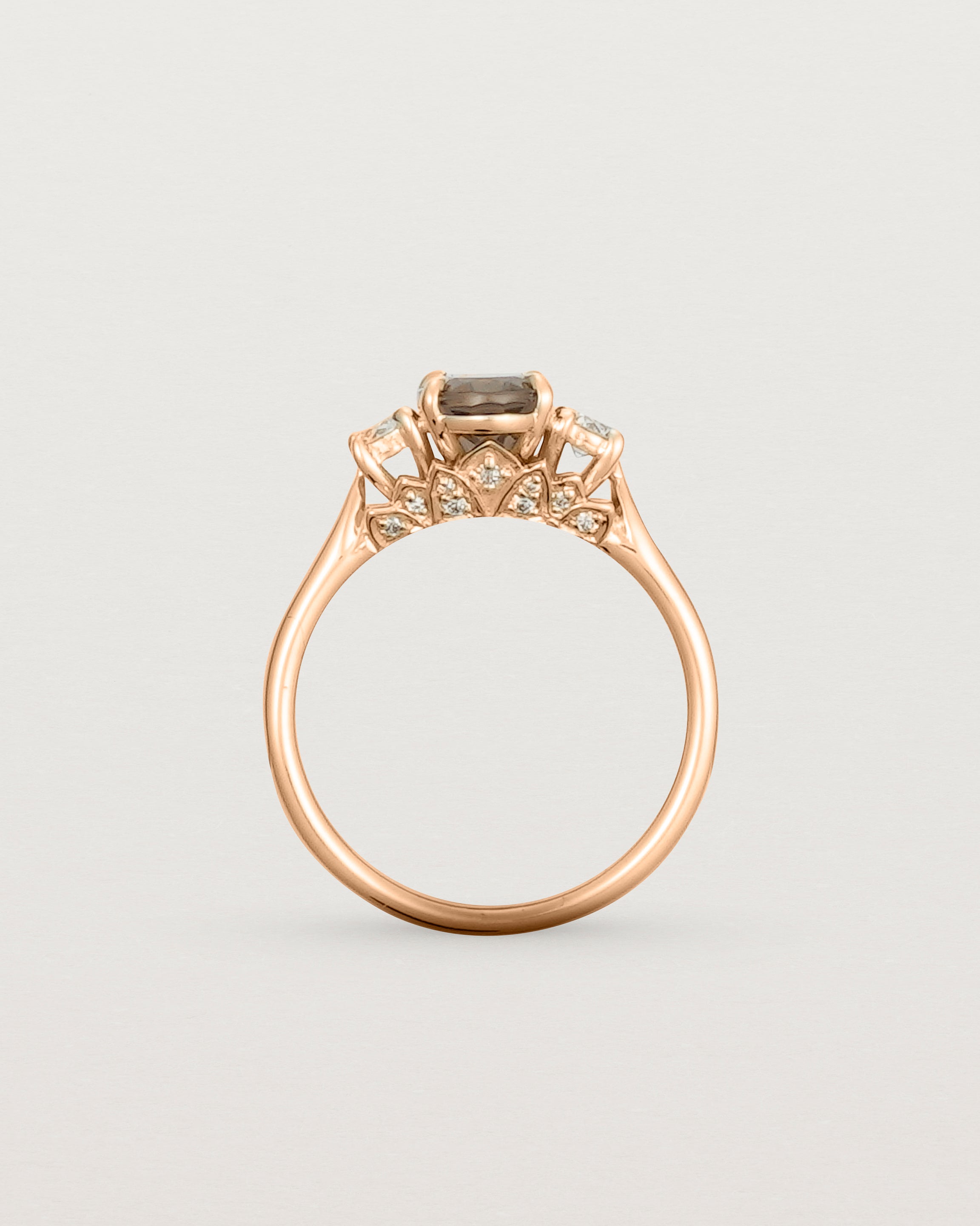 Standing view of the Laurel Oval Trio Ring | Smokey Quartz | Rose Gold.