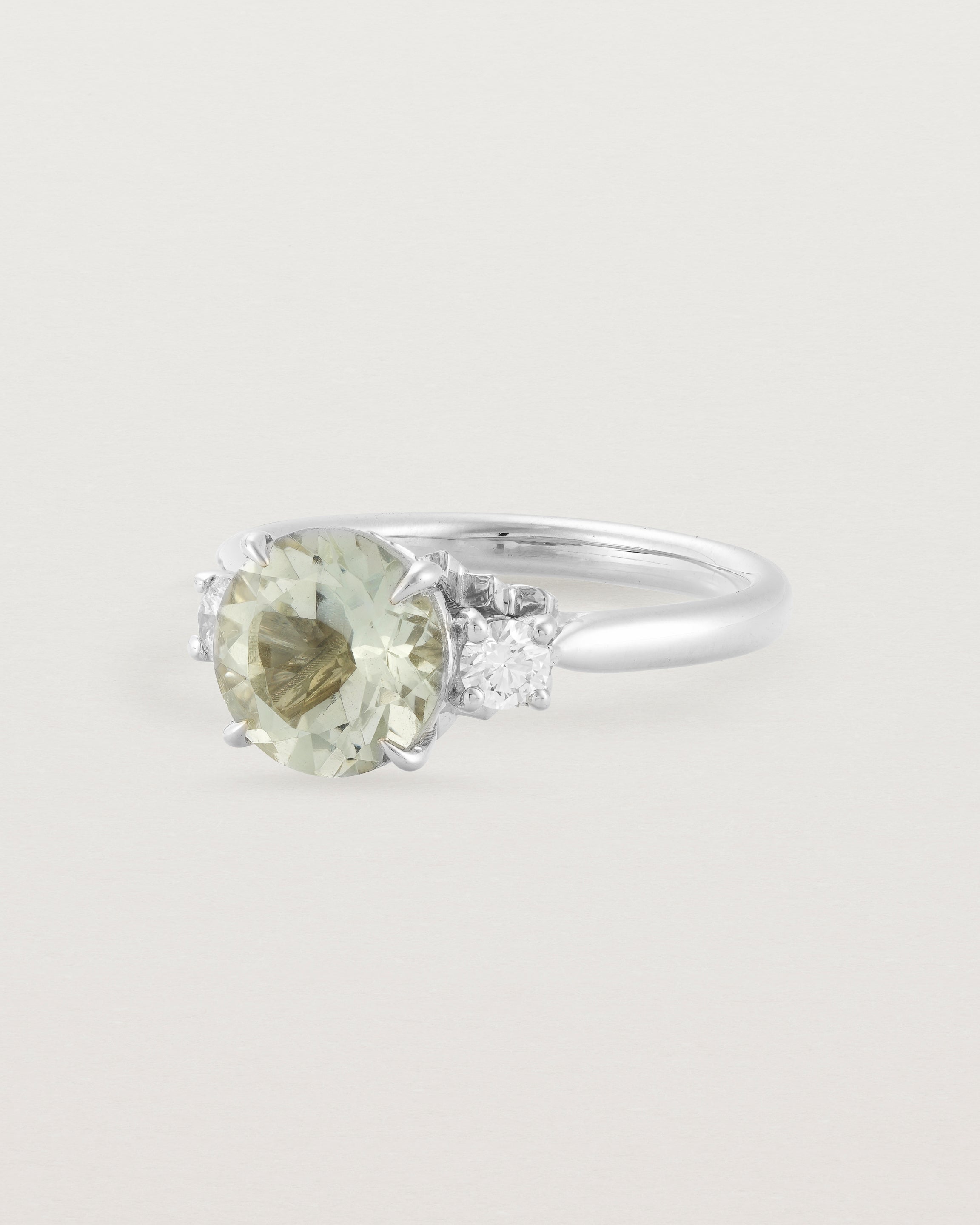 Angled view of the Laurel Round Trio Ring | Green Amethyst | White Gold.