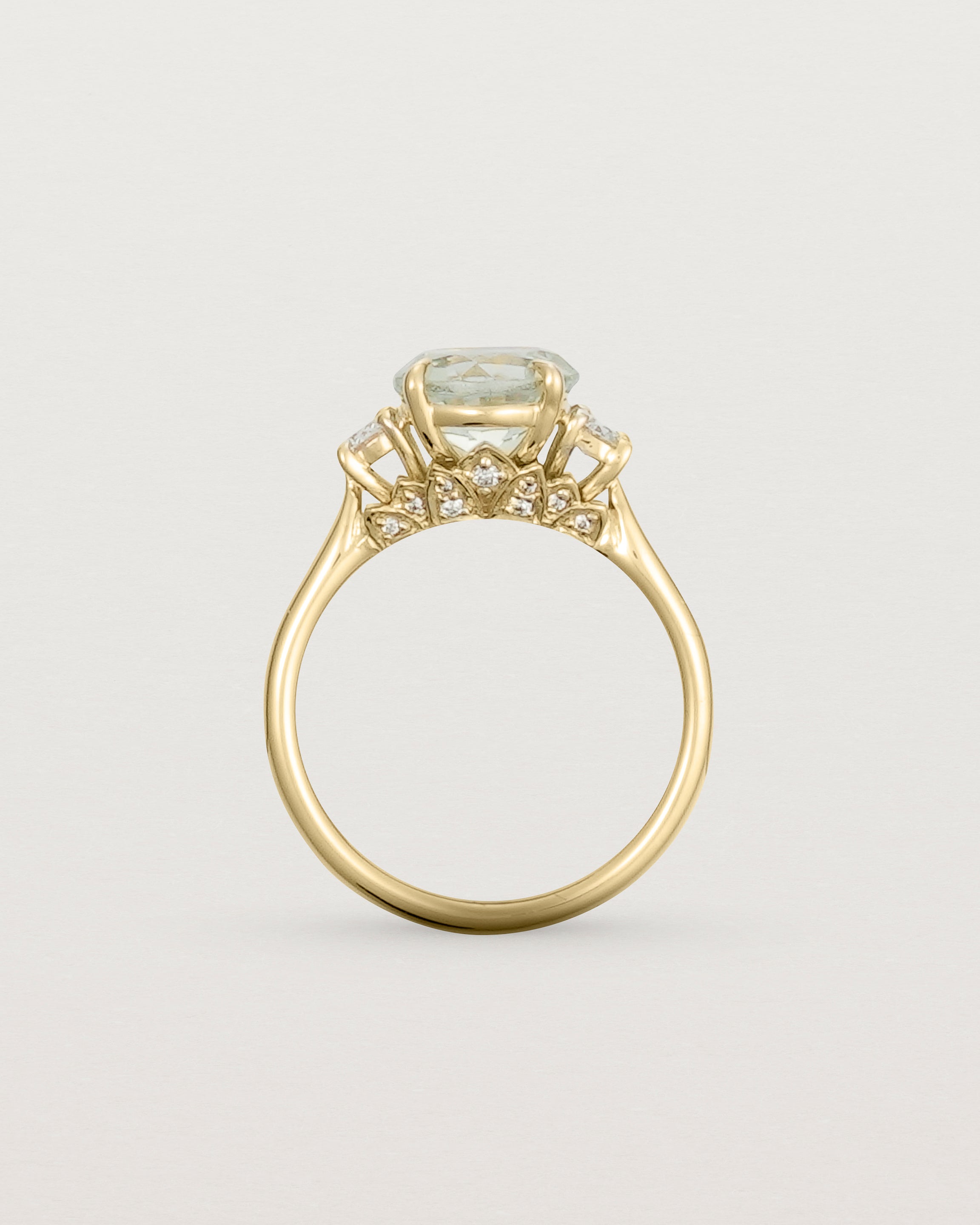 Standing view of the Laurel Round Trio Ring | Green Amethyst | Yellow Gold.