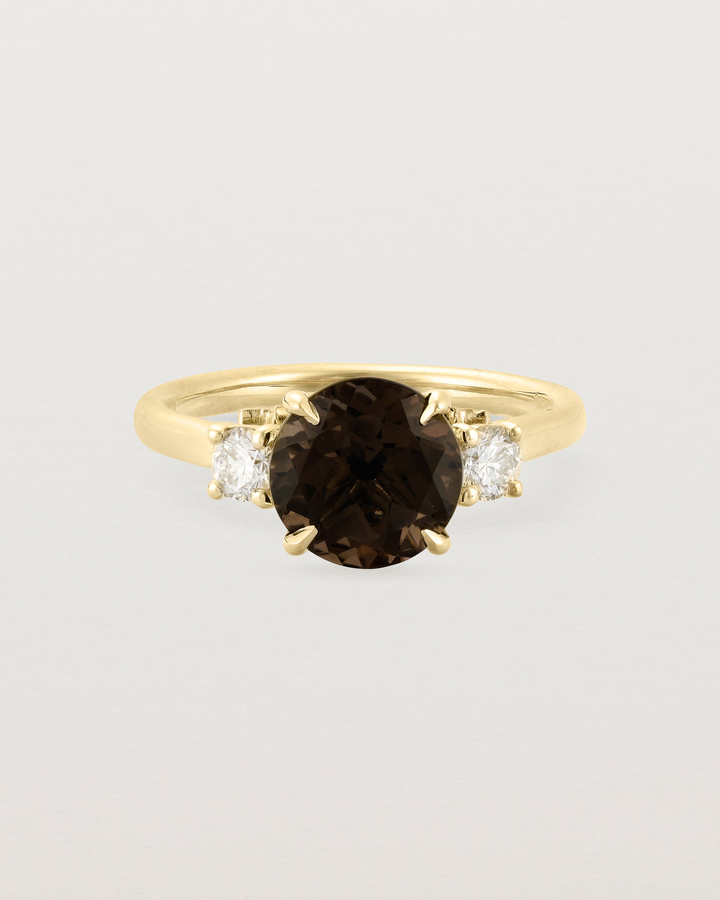 Front view of the Laurel Round Trio Ring | Smokey Quartz | Yellow Gold.