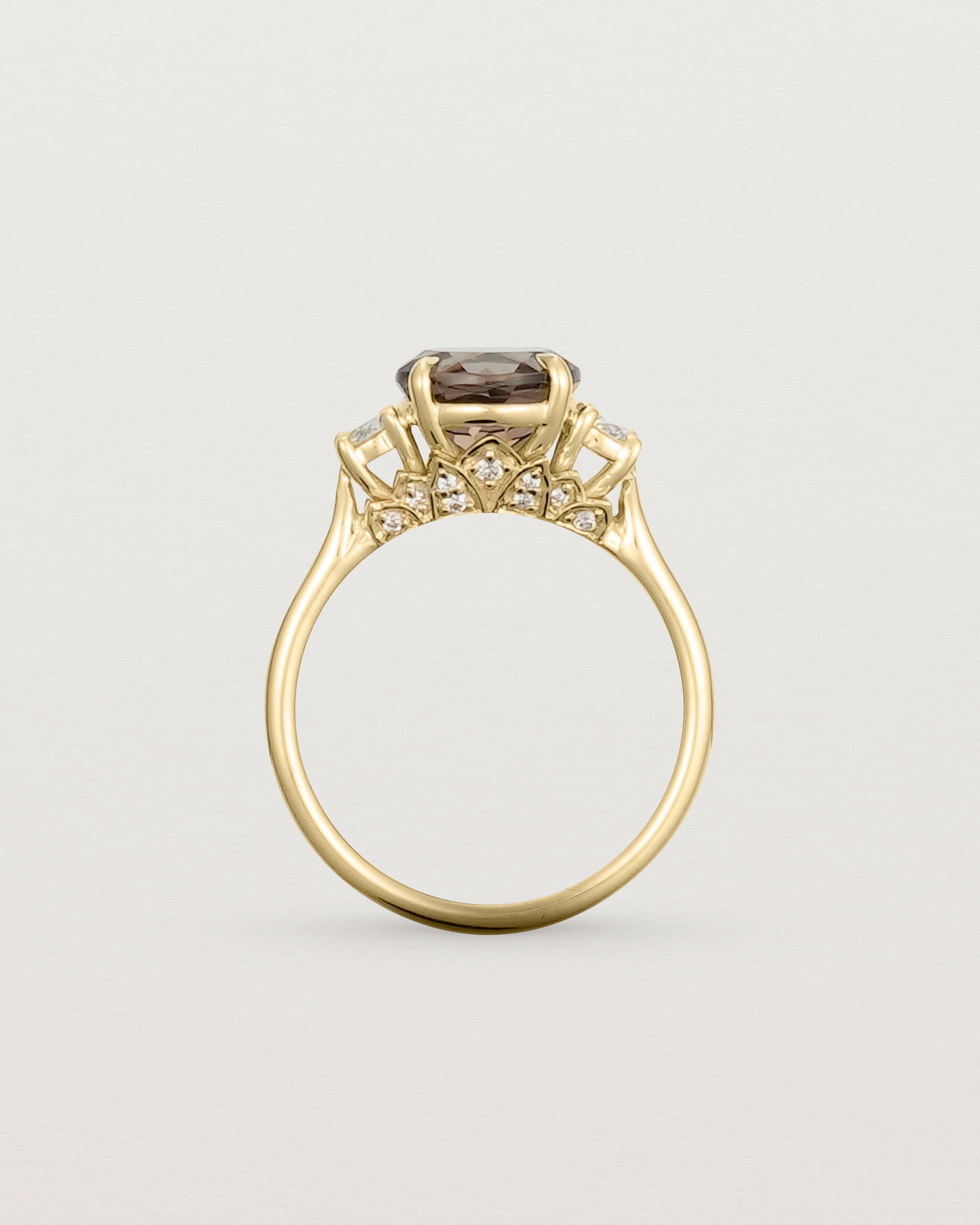 Standing view of the Laurel Round Trio Ring | Smokey Quartz | Yellow Gold.