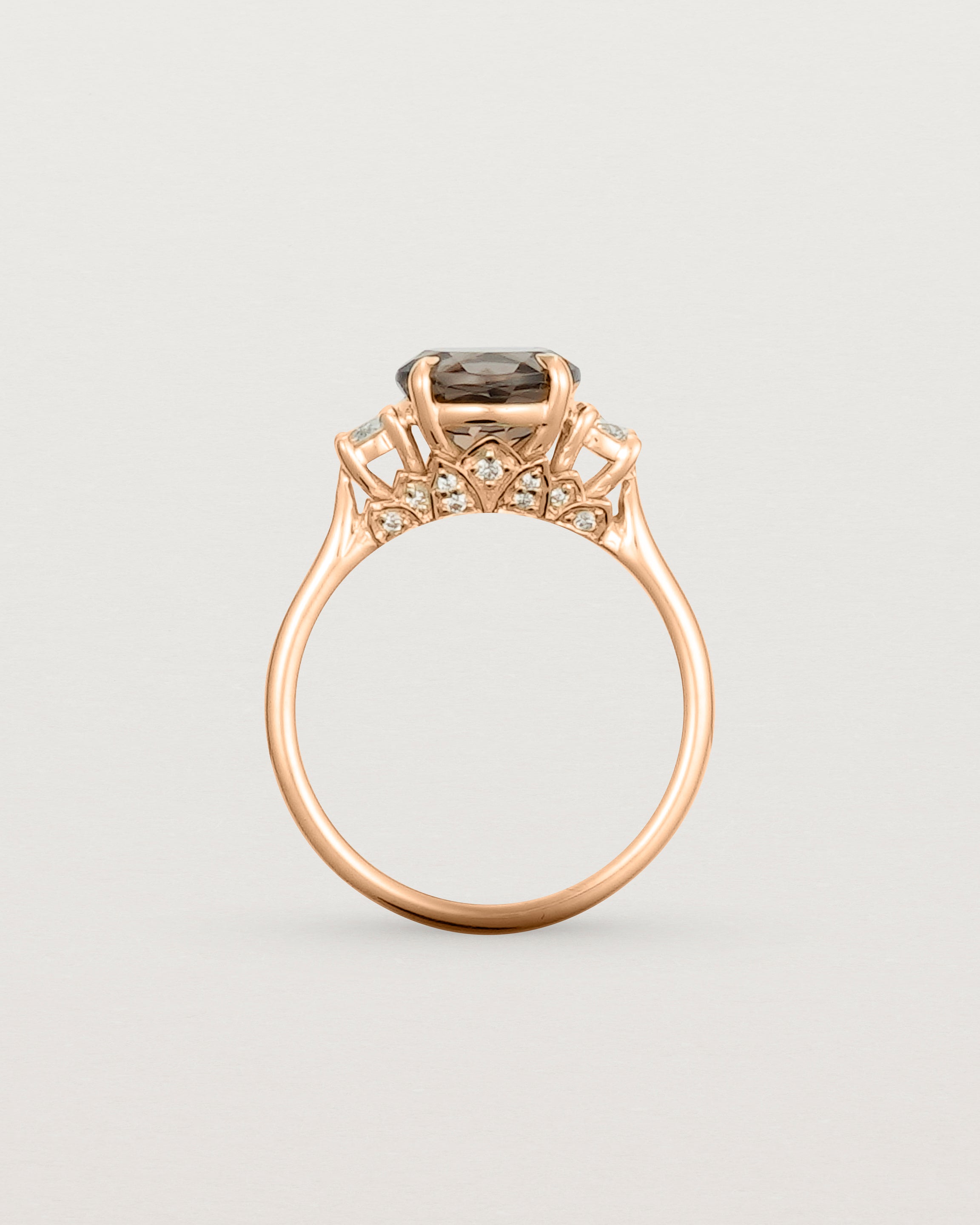 Standing view of the Laurel Round Trio Ring | Smokey Quartz | Rose Gold.