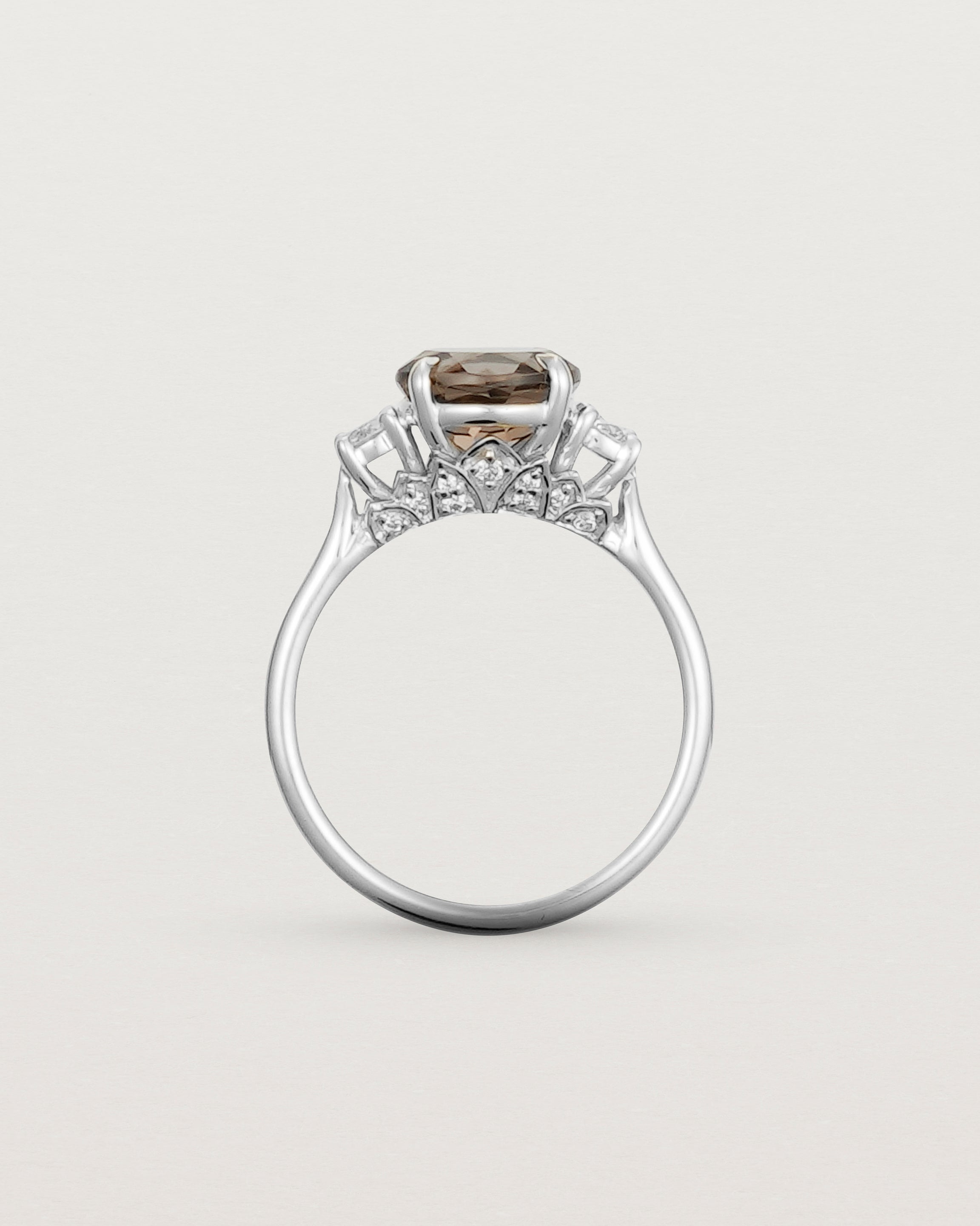 Standing view of the Laurel Round Trio Ring | Smokey Quartz | White Gold.