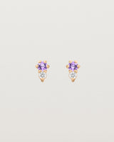 Front facing deep etched image of a pair of rose gold earrings with amethyst birthstones and diamonds.