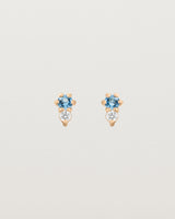 Front facing deep etched image of a pair of rose gold earrings with aquamarine birthstones and diamonds.