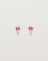 Front facing deep etched image of a pair of rose gold earrings with pink tourmaline birthstones and diamonds.