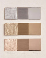 Swatch showing metal finishes in yellow gold, rose gold and white gold. Polished, matte and wire brushed. 