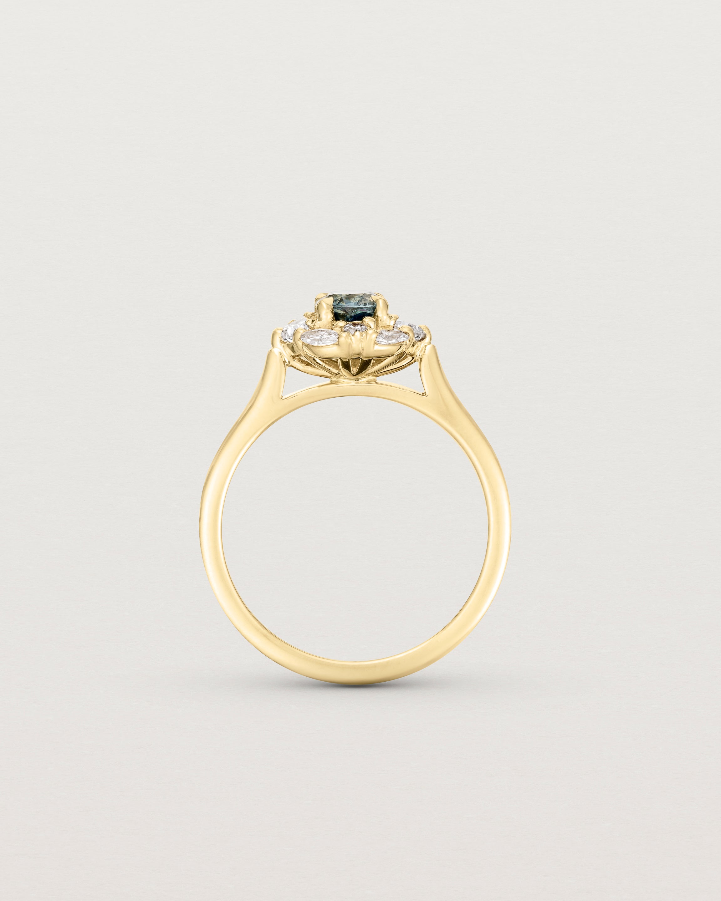 Standing view of the Mathilde Vintage Halo Ring | Sapphire & Diamonds.