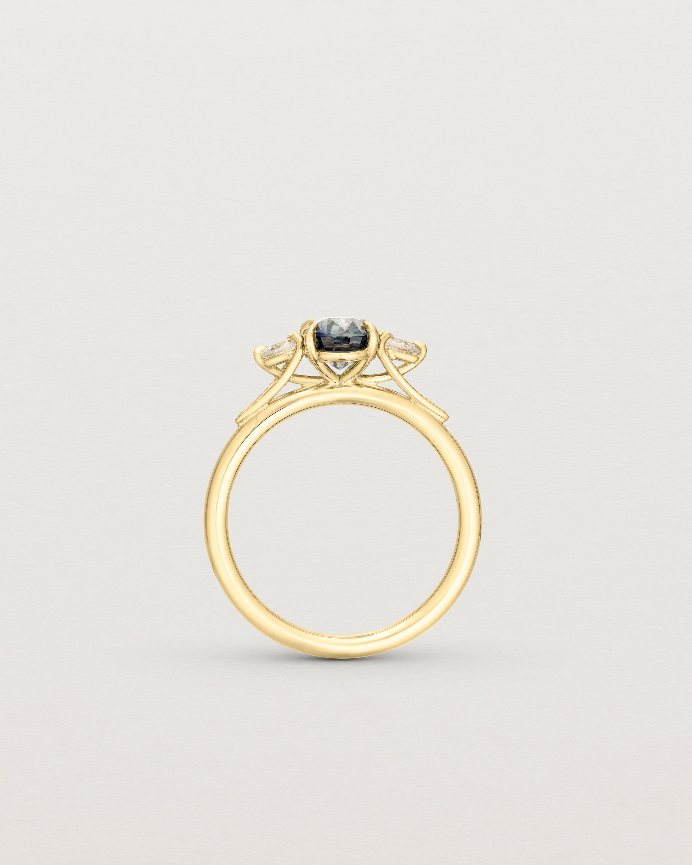 Standing image of blue sapphire trio ring with white diamonds.