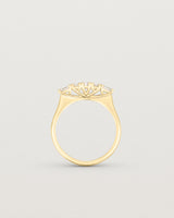 Standing image of diamond engagement ring in yellow gold. Featuring five white diamonds.
