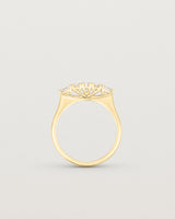 Standing image of diamond engagement ring in yellow gold. Featuring five white diamonds.