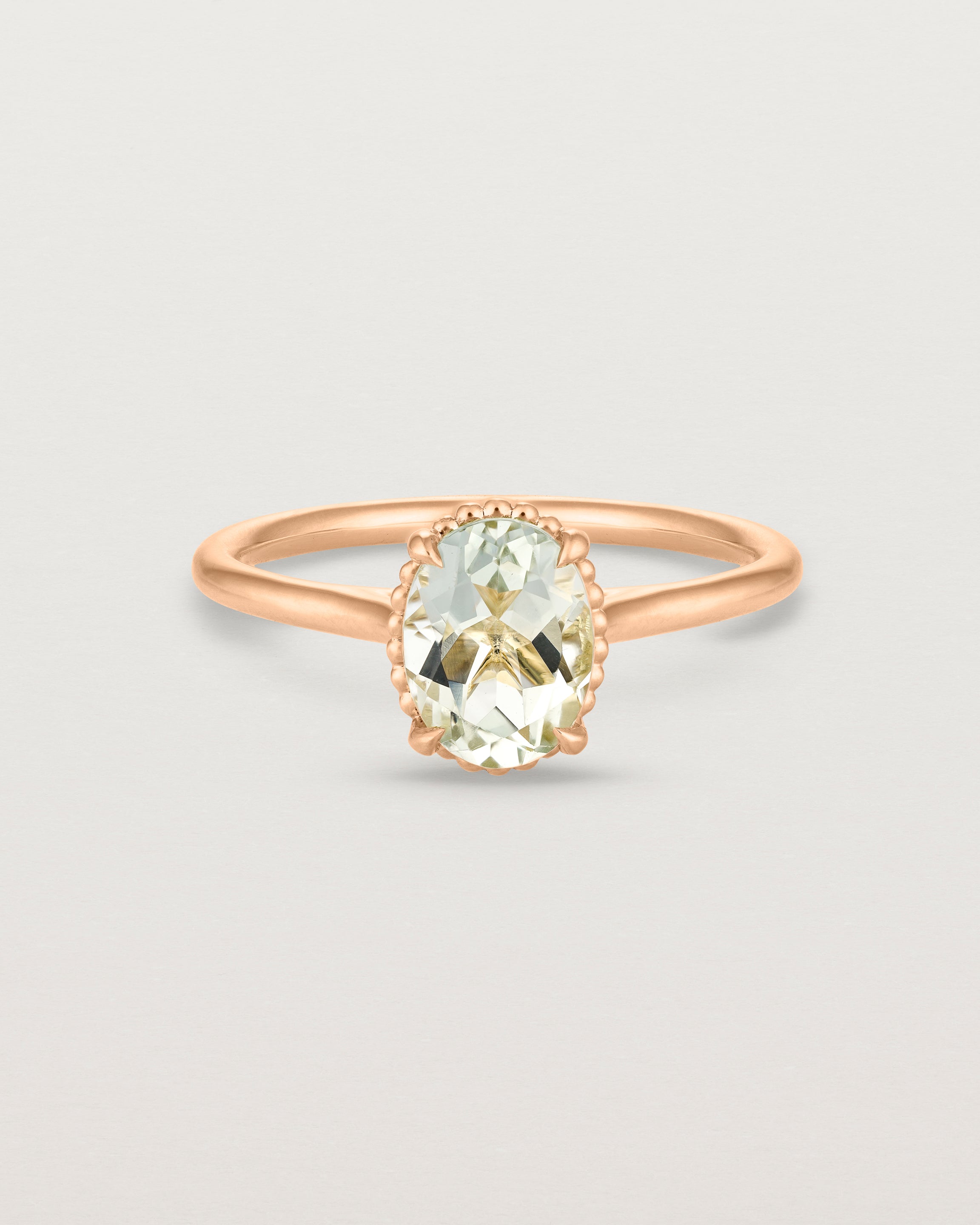 Front view of the Thea Oval Solitaire | Green Amethyst in rose gold.