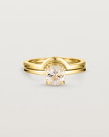Front view of the Petite Una Round Solitaire | Morganite | Yellow Gold with the Cecile Crown Ring. 