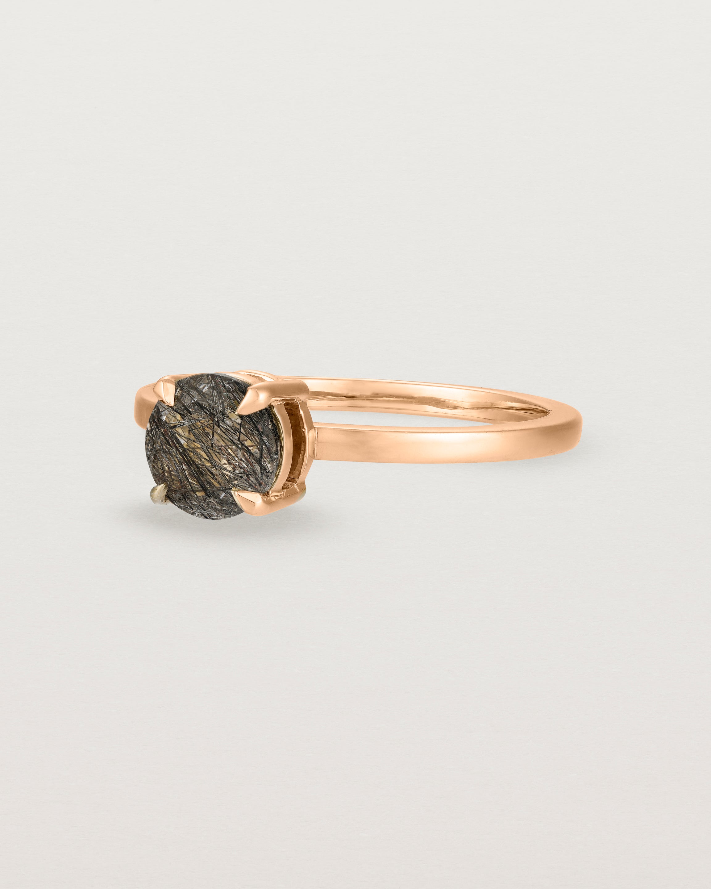 Angled view of the Petite Una Round Solitaire | Tourmalinated Quartz | Rose Gold.