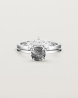 Front view of the Petite Una Round Solitaire | Tourmalinated Quartz | White Gold stacked with the Odette Crown Ring | Diamonds.