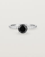 Front view of the Petite Una Round Solitaire | Black Spinel | White Gold with Cascade Shoulders.