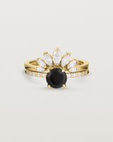 Front view of the Petite Una Round Solitaire | Black Spinel | Yellow Gold with Cascade Shoulders stacked with the Camille Crown Ring | Diamonds. 