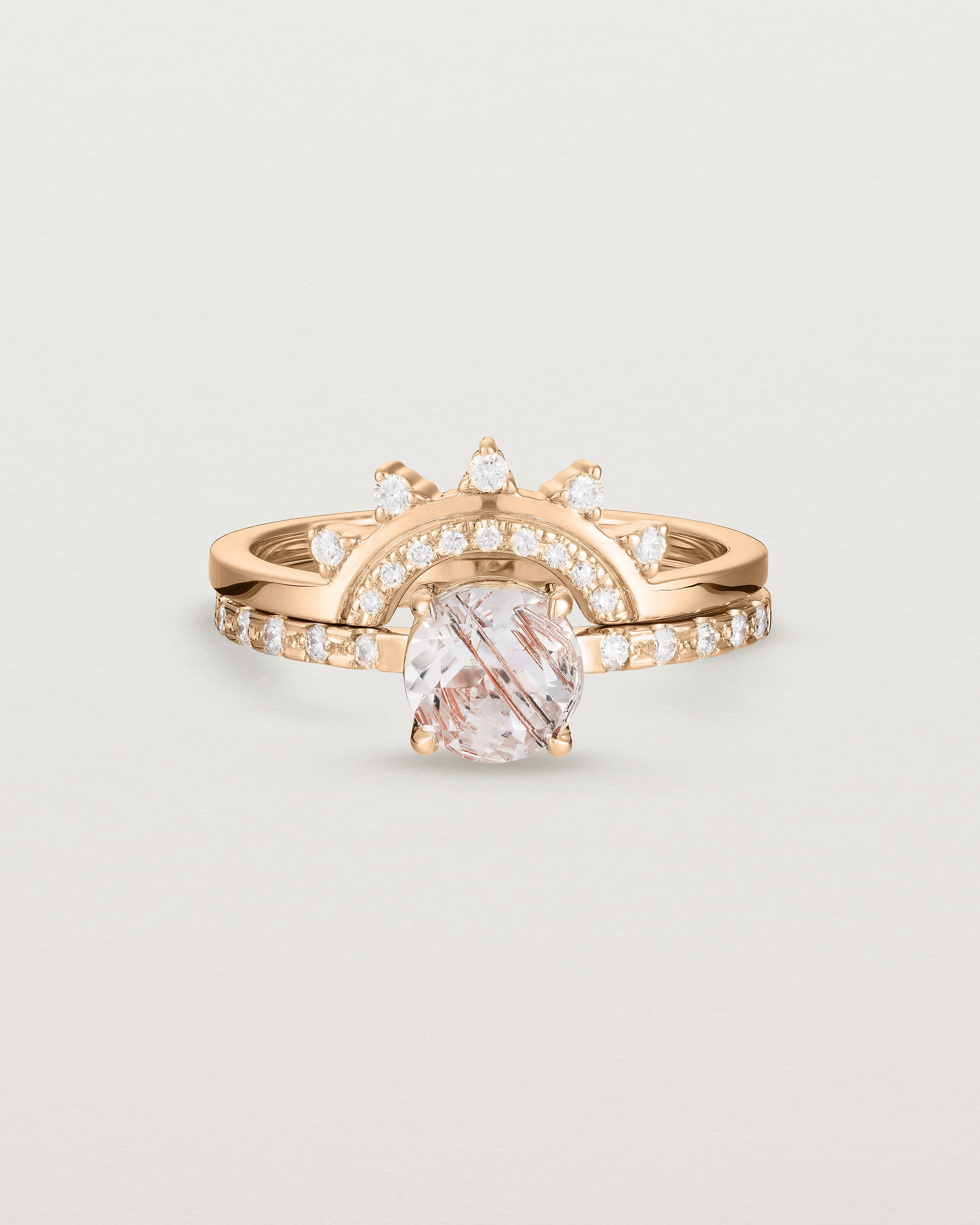 Front view of the Petite Una Round Solitaire | Rutilated Quartz stacked Adeline Crown Ring | Diamonds in Rose Gold.